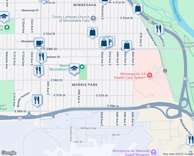 map of restaurants, bars, coffee shops, grocery stores, and more near 5536 42nd Avenue South in Minneapolis