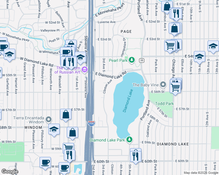 map of restaurants, bars, coffee shops, grocery stores, and more near 5515 Clinton Avenue in Minneapolis