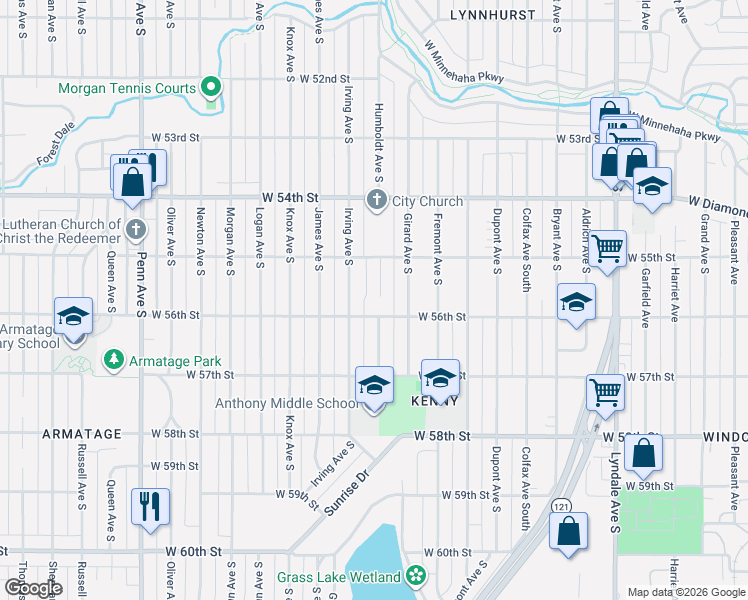 map of restaurants, bars, coffee shops, grocery stores, and more near 5515 Humboldt Circle in Minneapolis