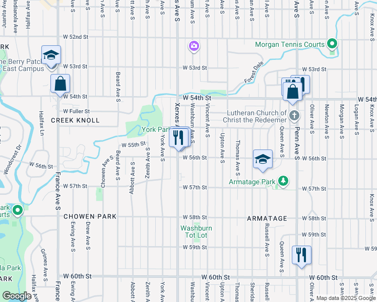 map of restaurants, bars, coffee shops, grocery stores, and more near 5528 Washburn Avenue South in Minneapolis