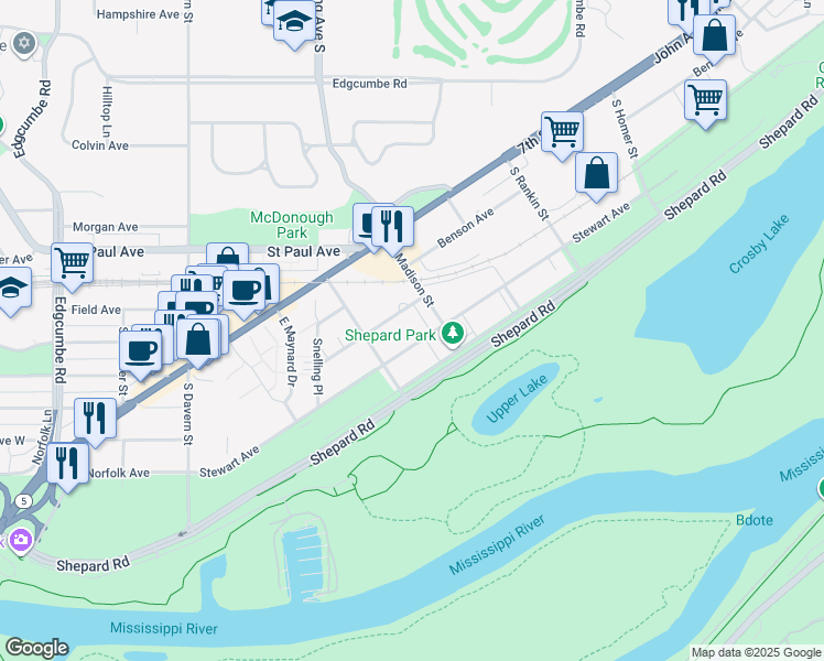 map of restaurants, bars, coffee shops, grocery stores, and more near 2335 Stewart Avenue in Saint Paul