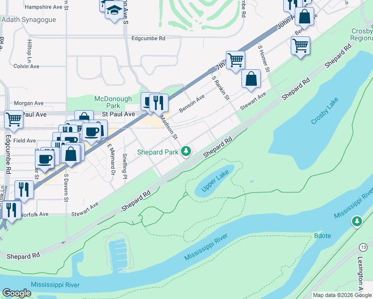 map of restaurants, bars, coffee shops, grocery stores, and more near 1320 Madison Street in Saint Paul