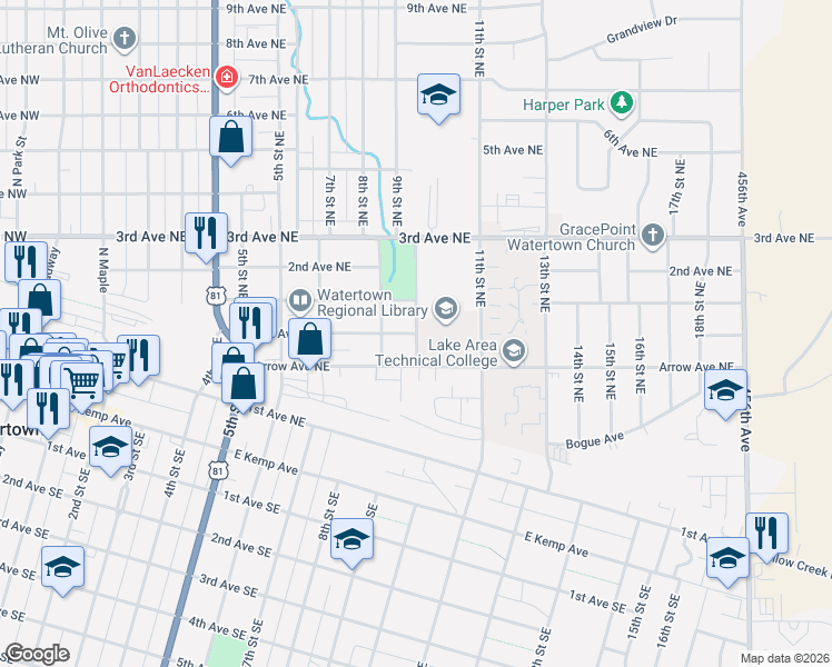 map of restaurants, bars, coffee shops, grocery stores, and more near 157 9th Street Northeast in Watertown