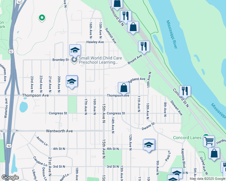 map of restaurants, bars, coffee shops, grocery stores, and more near 1400 Thompson Avenue in South Saint Paul