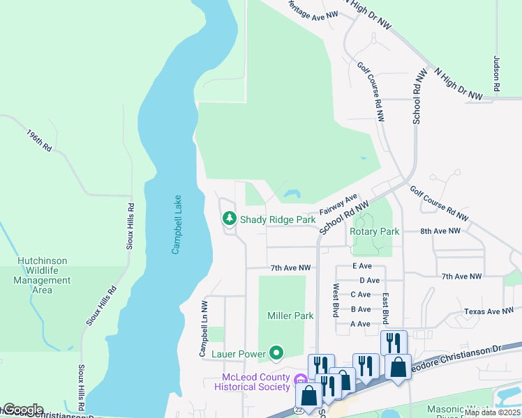 map of restaurants, bars, coffee shops, grocery stores, and more near 880 Colorado Circle Northwest in Hutchinson