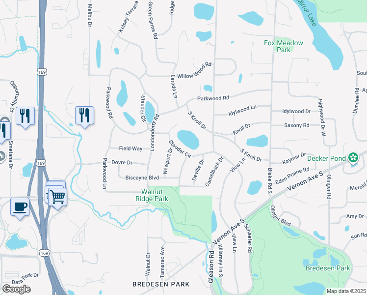 map of restaurants, bars, coffee shops, grocery stores, and more near 6416 Stauder Circle in Minneapolis