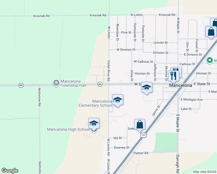 map of restaurants, bars, coffee shops, grocery stores, and more near 311 West Limets Road in Mancelona