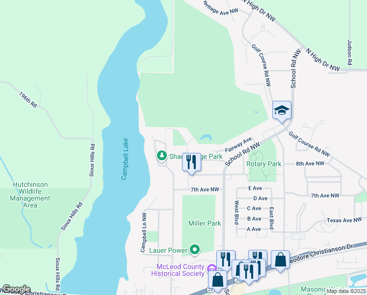 map of restaurants, bars, coffee shops, grocery stores, and more near 880 Colorado Circle Northwest in Hutchinson