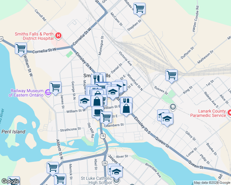 map of restaurants, bars, coffee shops, grocery stores, and more near 45 Elmsley Street South in Smiths Falls