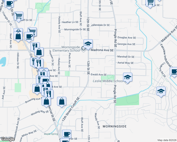 map of restaurants, bars, coffee shops, grocery stores, and more near 1164 Shamrock Drive Southeast in Salem