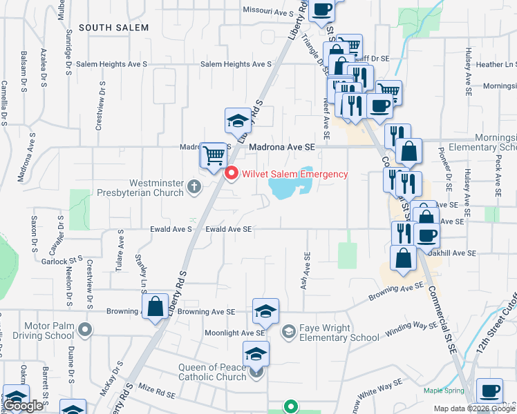 map of restaurants, bars, coffee shops, grocery stores, and more near 3703 Tunbridge Wells Street Southeast in Salem
