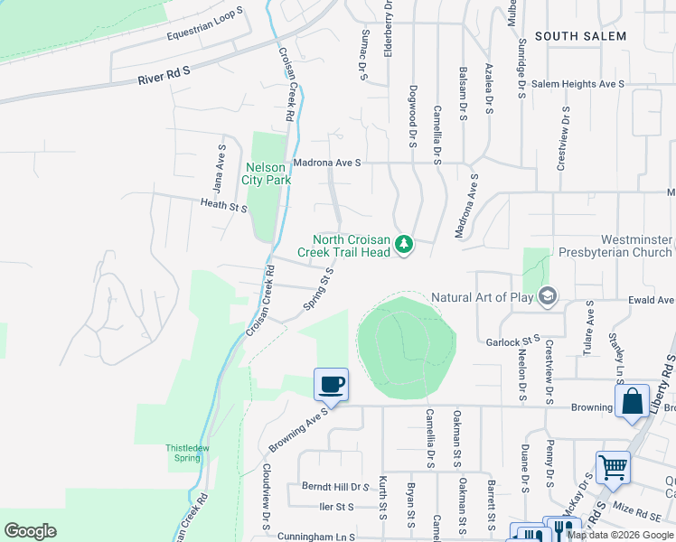 map of restaurants, bars, coffee shops, grocery stores, and more near 3696 Spring Street South in Salem