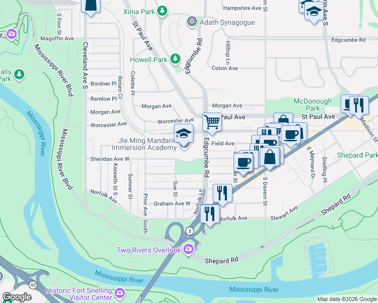 map of restaurants, bars, coffee shops, grocery stores, and more near 1290 South Prior Avenue in Saint Paul
