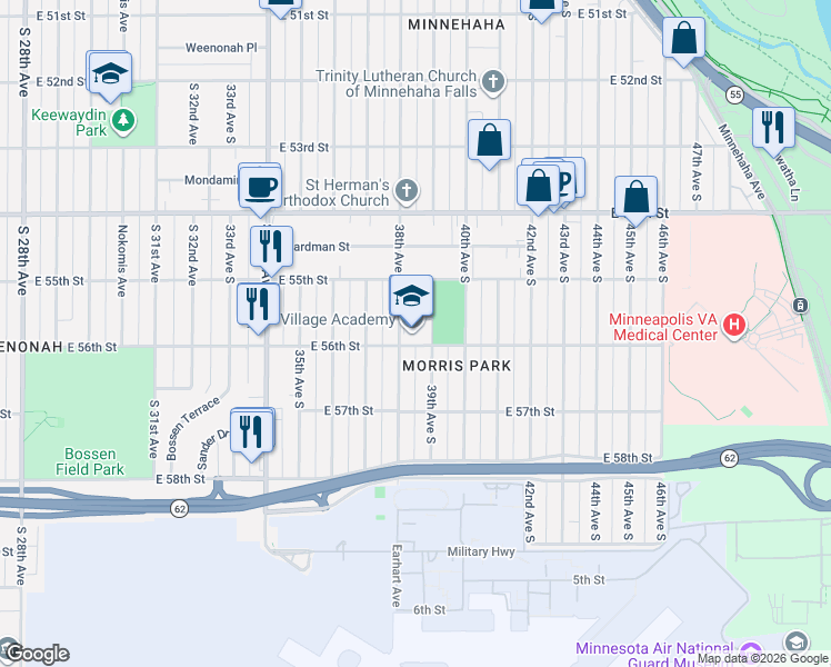 map of restaurants, bars, coffee shops, grocery stores, and more near 5533 38th Avenue South in Minneapolis