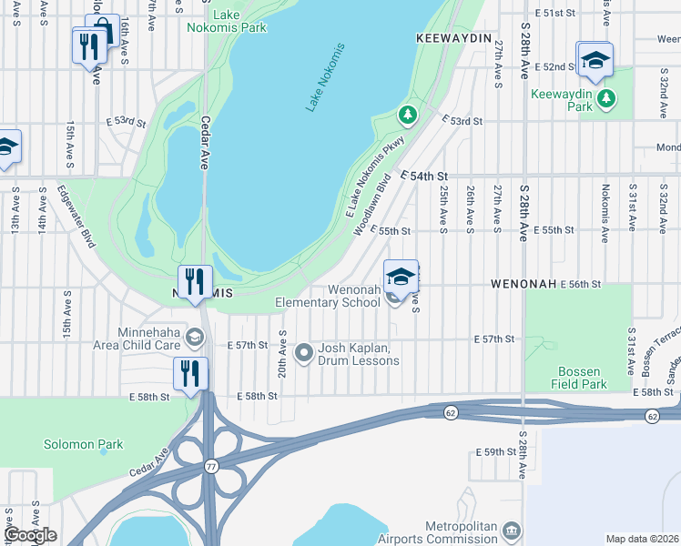 map of restaurants, bars, coffee shops, grocery stores, and more near 5553 Woodlawn Boulevard in Minneapolis