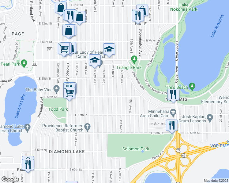 map of restaurants, bars, coffee shops, grocery stores, and more near 5524 13th Avenue South in Minneapolis