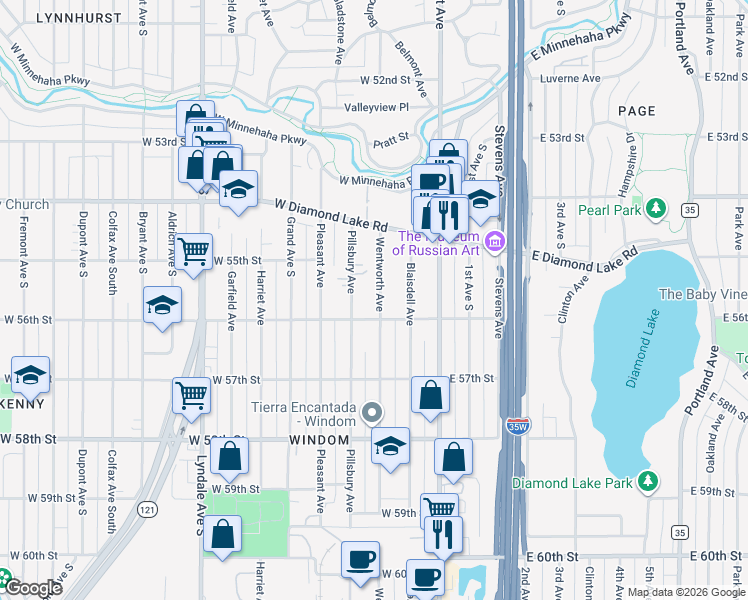 map of restaurants, bars, coffee shops, grocery stores, and more near 5521 Wentworth Avenue in Minneapolis