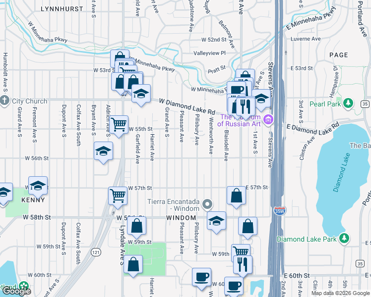 map of restaurants, bars, coffee shops, grocery stores, and more near 5526 Pleasant Avenue in Minneapolis