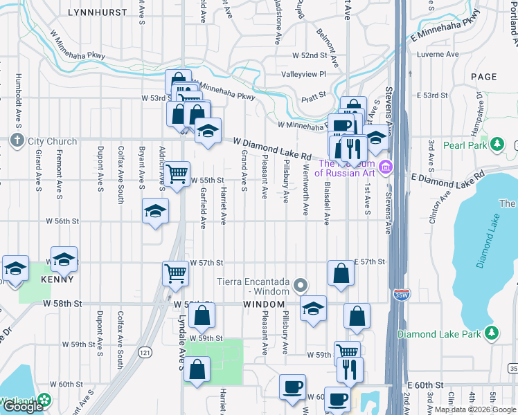 map of restaurants, bars, coffee shops, grocery stores, and more near 5526 Pleasant Avenue in Minneapolis