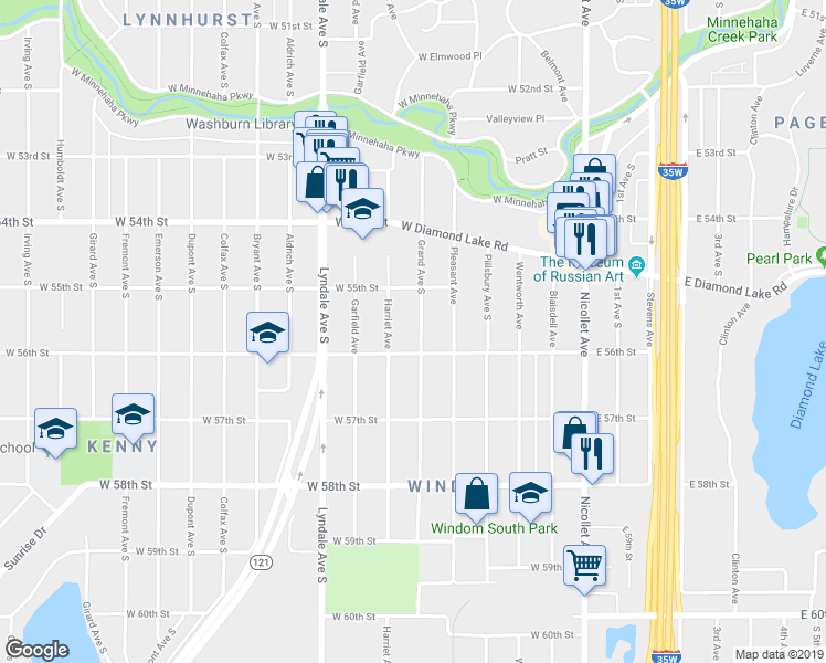map of restaurants, bars, coffee shops, grocery stores, and more near 5520 Grand Avenue South in Minneapolis