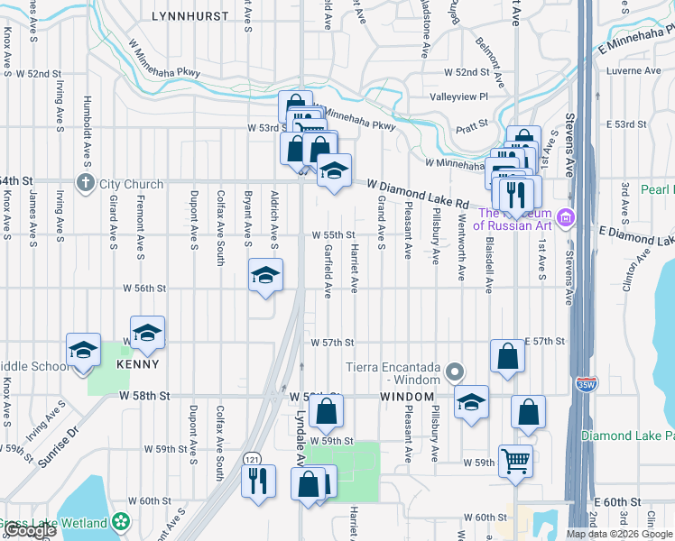 map of restaurants, bars, coffee shops, grocery stores, and more near 5519 Garfield Avenue in Minneapolis