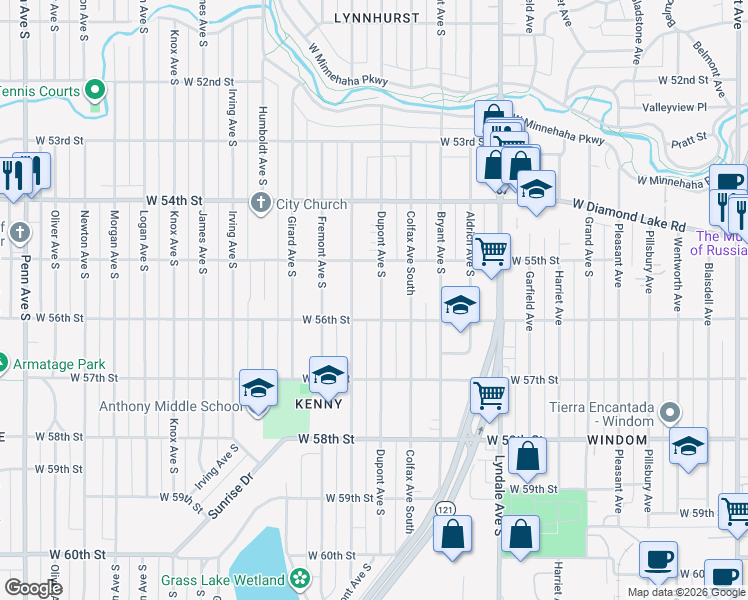 map of restaurants, bars, coffee shops, grocery stores, and more near 5524 Dupont Avenue South in Minneapolis