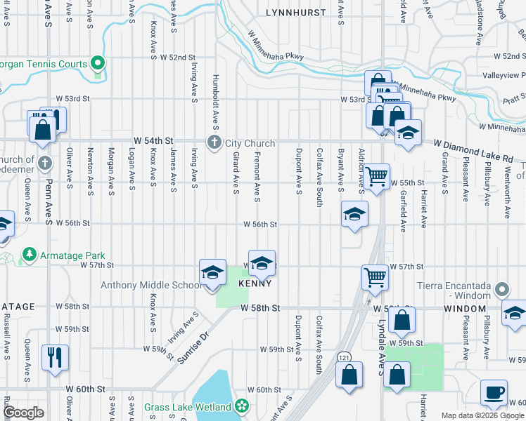 map of restaurants, bars, coffee shops, grocery stores, and more near 5525 Fremont Avenue South in Minneapolis