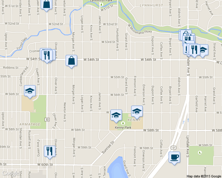 map of restaurants, bars, coffee shops, grocery stores, and more near 5520 Irving Avenue South in Minneapolis