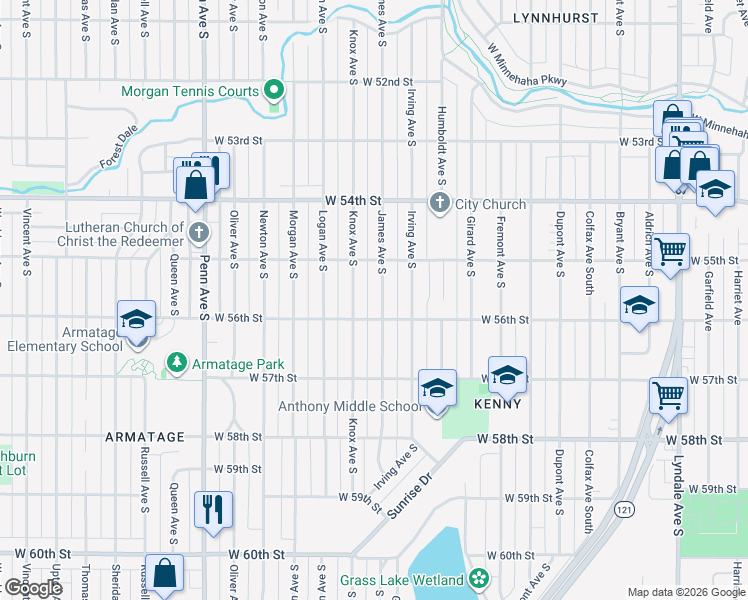 map of restaurants, bars, coffee shops, grocery stores, and more near 5520 James Avenue South in Minneapolis