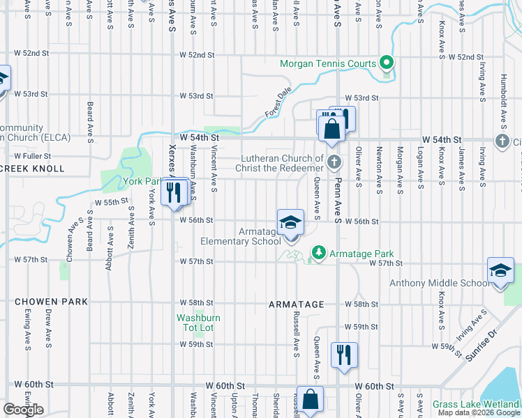 map of restaurants, bars, coffee shops, grocery stores, and more near 5521 Thomas Avenue South in Minneapolis