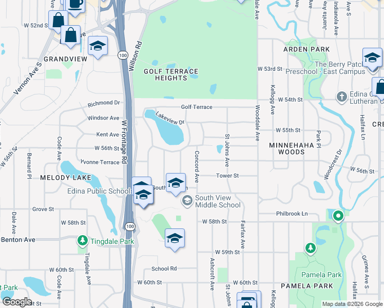 map of restaurants, bars, coffee shops, grocery stores, and more near 5506 Lakeview Drive in Minneapolis