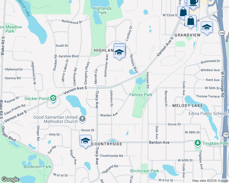 map of restaurants, bars, coffee shops, grocery stores, and more near 5600 Johnson Drive in Minneapolis