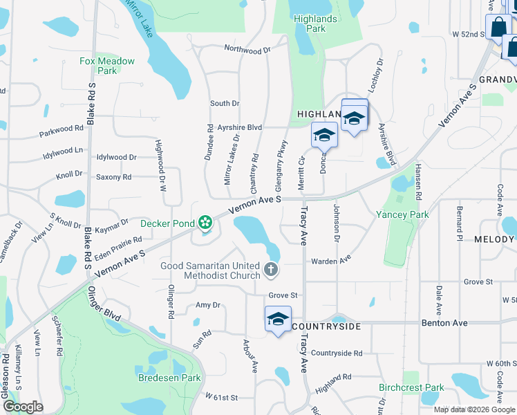 map of restaurants, bars, coffee shops, grocery stores, and more near 5537 Chantrey Road in Minneapolis