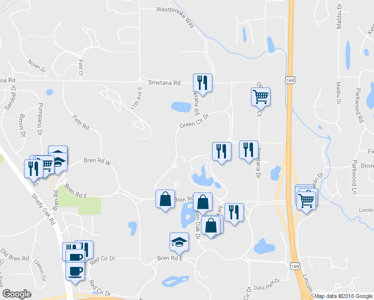 map of restaurants, bars, coffee shops, grocery stores, and more near 5697 Green Circle Drive in Minnetonka
