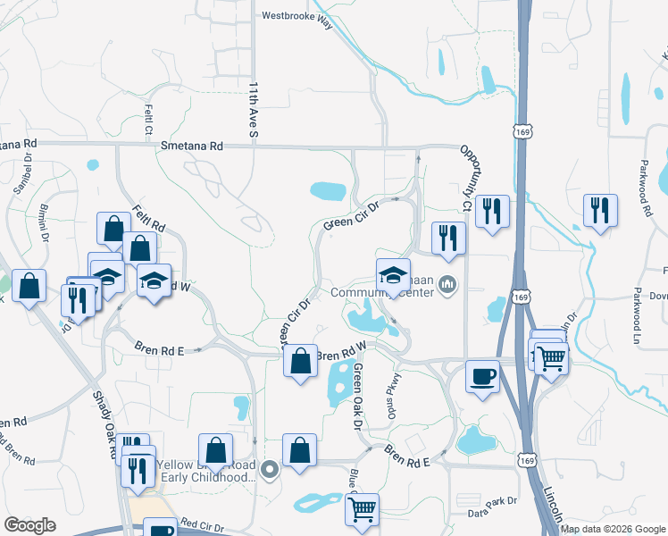 map of restaurants, bars, coffee shops, grocery stores, and more near 5643 Green Cir Dr in Hopkins