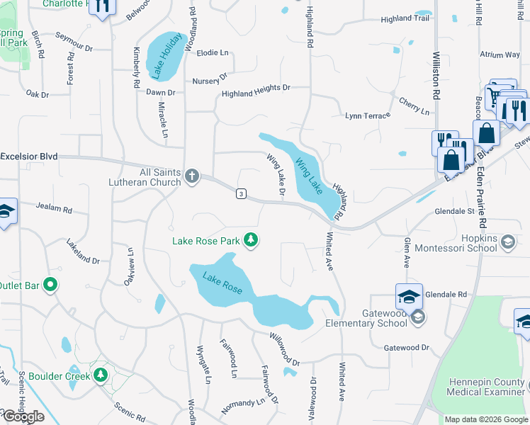 map of restaurants, bars, coffee shops, grocery stores, and more near 15700 County Road 3 in Minnetonka