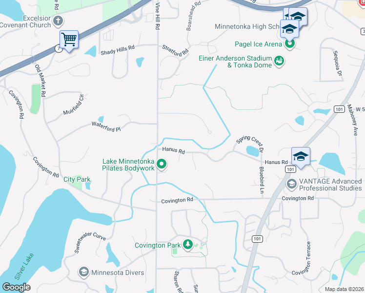 map of restaurants, bars, coffee shops, grocery stores, and more near 18912 Hanus Road in Minnetonka