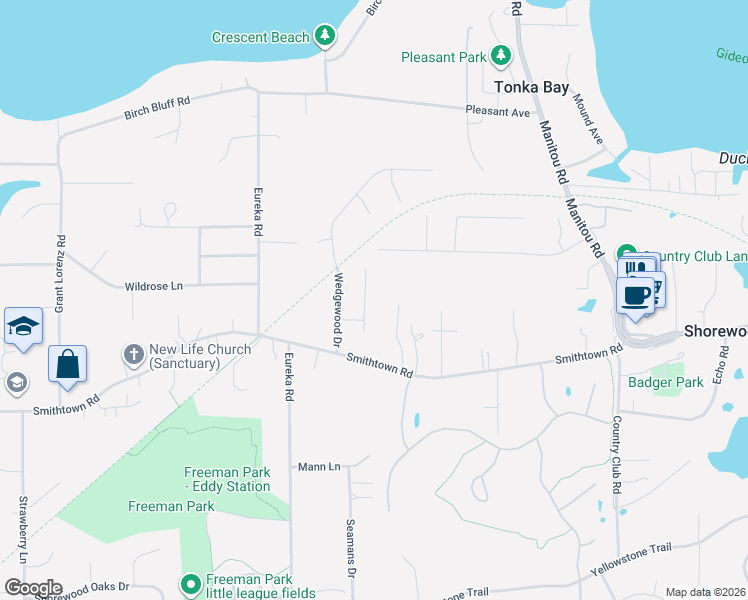 map of restaurants, bars, coffee shops, grocery stores, and more near 5615 Harding Lane in Shorewood