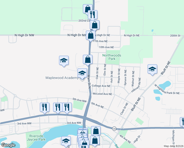 map of restaurants, bars, coffee shops, grocery stores, and more near 825 Main Street North in Hutchinson