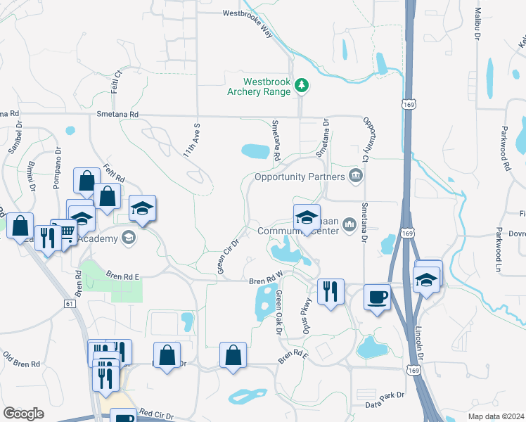 map of restaurants, bars, coffee shops, grocery stores, and more near 5643 Green Circle Drive in Hopkins