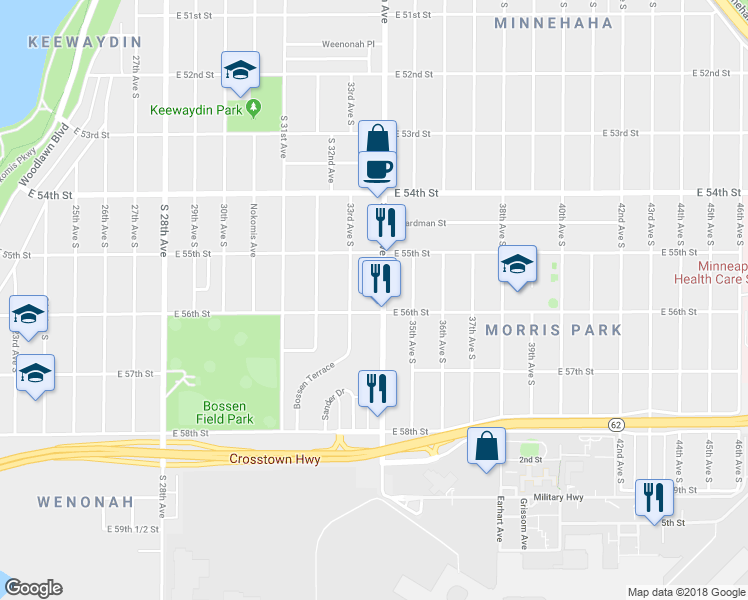 map of restaurants, bars, coffee shops, grocery stores, and more near 5536 South 34th Avenue in Minneapolis