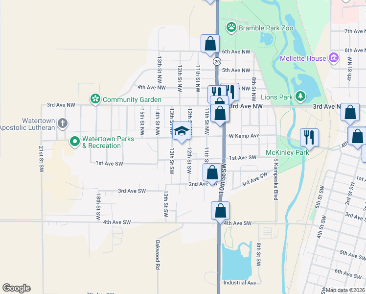 map of restaurants, bars, coffee shops, grocery stores, and more near 5 12th Street Southwest in Watertown
