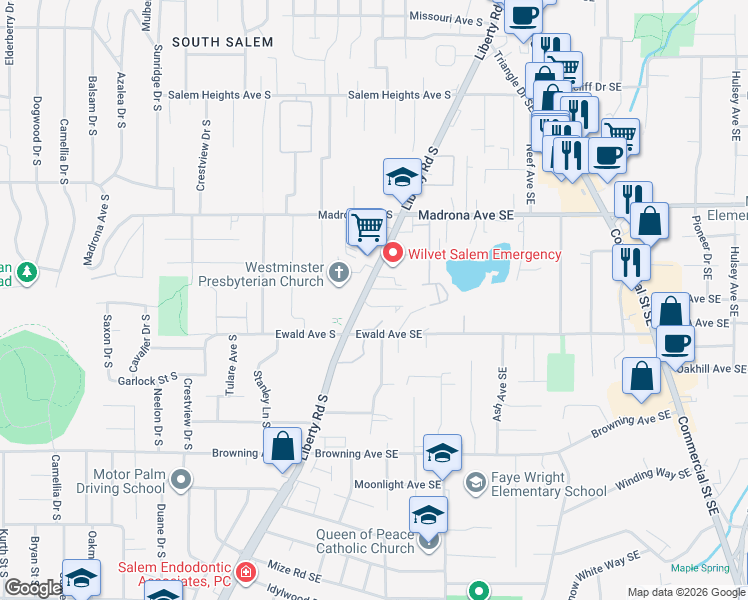 map of restaurants, bars, coffee shops, grocery stores, and more near 106 Harvard Court Southeast in Salem