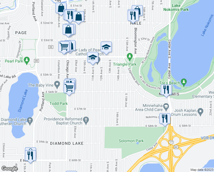 map of restaurants, bars, coffee shops, grocery stores, and more near 5524 13th Avenue South in Minneapolis