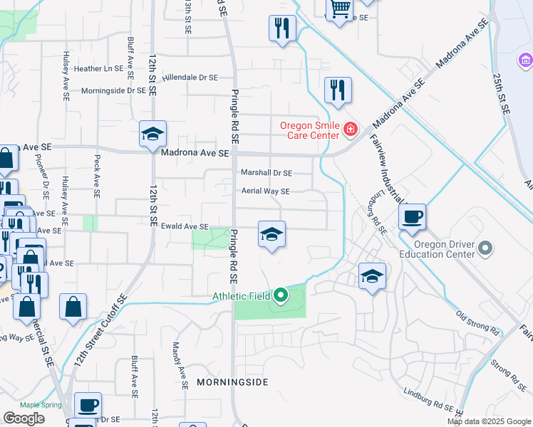 map of restaurants, bars, coffee shops, grocery stores, and more near 1555 Corina Drive Southeast in Salem