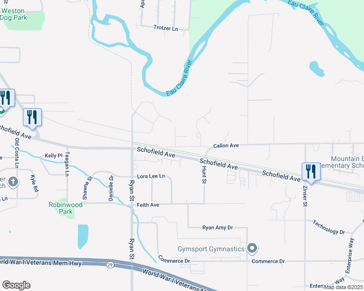 map of restaurants, bars, coffee shops, grocery stores, and more near 7305 Fountain Circle in Schofield