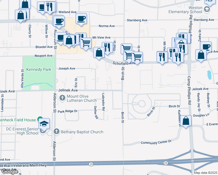 map of restaurants, bars, coffee shops, grocery stores, and more near 3104 Jelinek Avenue in Schofield