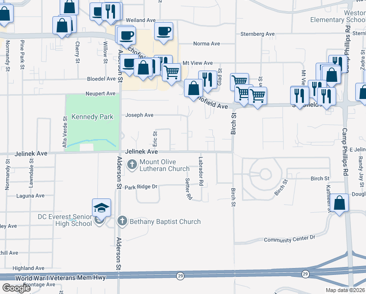 map of restaurants, bars, coffee shops, grocery stores, and more near 2902 Jelinek Avenue in Weston