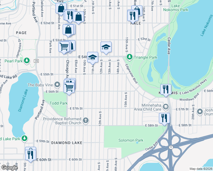 map of restaurants, bars, coffee shops, grocery stores, and more near 5524 13th Avenue South in Minneapolis