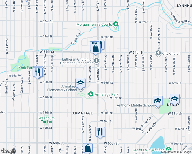 map of restaurants, bars, coffee shops, grocery stores, and more near 5520 Penn Avenue South in Minneapolis